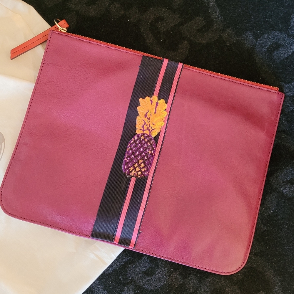 Fossil leather clutch purple magenta with orange burnt sienna trim NWT